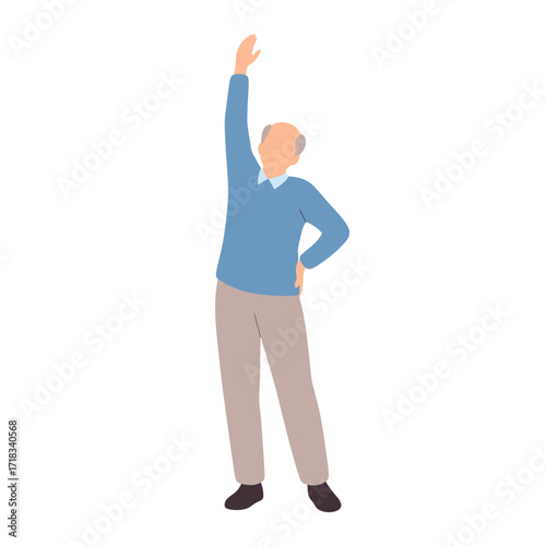 Active Senior Stretching: A healthy senior citizen extends an arm to the sky, demonstrating the beauty of aging gracefully. This artistic image is ideal for healthcare promotions.