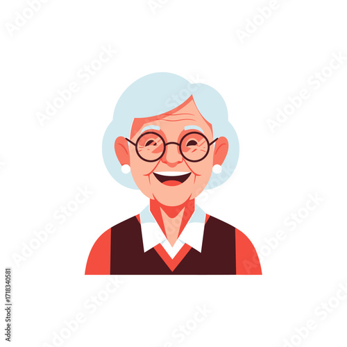 Smiling Senior Icon: A cheerful elderly woman with a warm, inviting smile radiates positivity in a friendly, graphic icon style. Showcasing the beauty of aging with joy and vibrancy.