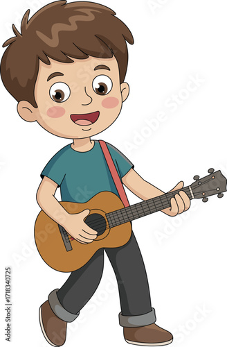 Happy little boy playing a guitar, a fun musical hobby for children, perfect for music education and entertainment, isolated on white