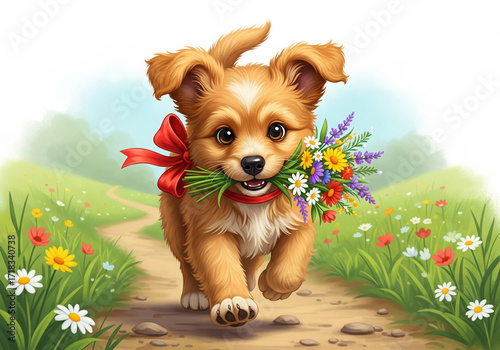Puppy wearing bow delivering flowers in mouth