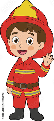 little boy dressed as a firefighter, wearing a red uniform and helmet, waving hello, representing a future hero, isolated on white