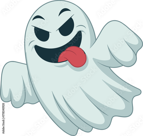 Mischievous and Playful Ghost Cartoon Vector Illustration, Spooky and Funny Halloween Character Winking with a Tongue Sticking Out