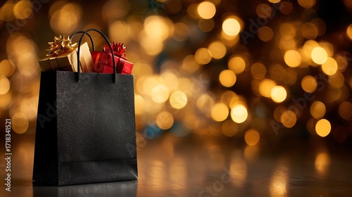 Black Friday shopping bag mockup filled with gifts against a festive bokeh background