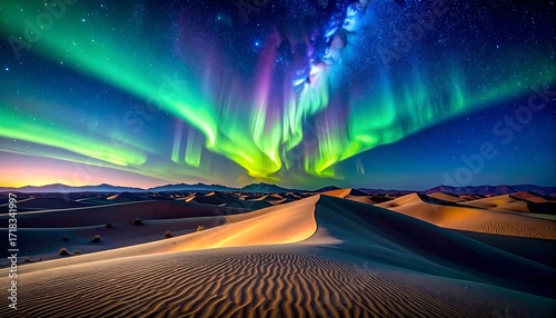 Fototapeta Naklejka Na Ścianę i Meble -  Aurora borealis over sand dunes