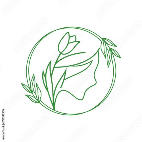 Green line art of a woman s profile with a tulip and leaves inside a circle isolated on white background
