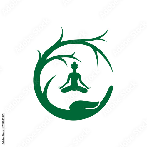 Green tree branches cradling a meditating person in lotus pose isolated on white background