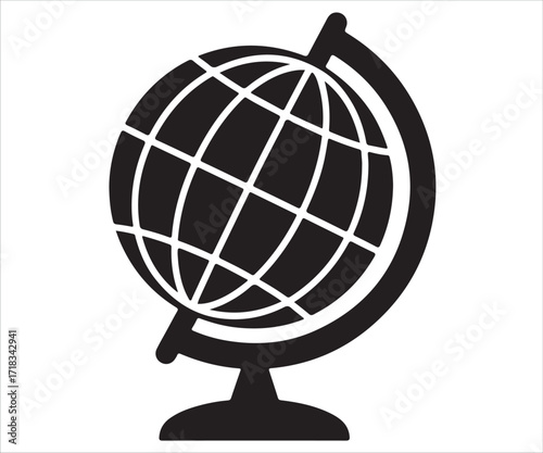 Silhouette of globe icon on stand representing world, earth, geography, travel, global education, and international concept isolated on white background