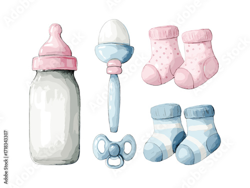 Hand-drawn watercolor illustration of baby bottle, pacifier, rattle, and socks in pastel pink and blue, elegant baby shower theme, isolated on white background