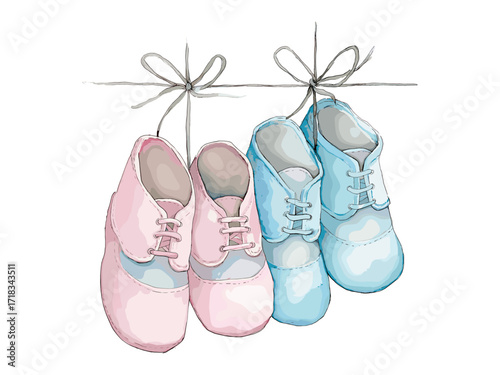 Hand-drawn watercolor illustration of baby shoes in pastel pink and blue, cute romantic theme, isolated on white background