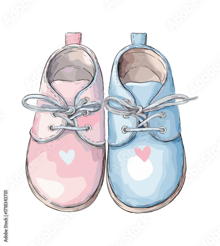 Hand-drawn watercolor illustration of baby shoes in pastel pink and blue, cute romantic theme, isolated on white background