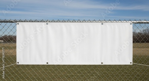Blank white banner mockup securely tied to a chain link fence for outdoor advertising and event promotion
