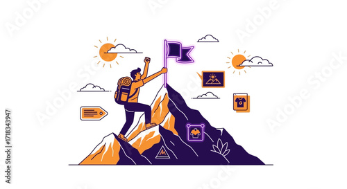Illustration of a hiker conquering a mountain and planting a flag as a symbol of success and