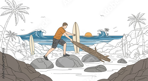 Illustration of a man on a tropical beach with surfboards and a log next to ocean waves