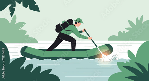 Illustration of a man rafting on a river through a lush green jungle environment