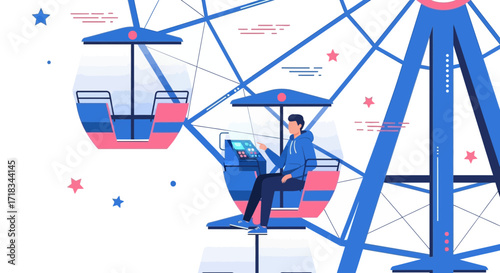 Illustration of a man riding a ferris wheel, enjoying a day out at the carnival