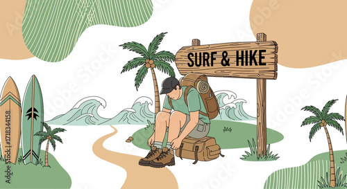 Illustration of a Man Preparing for a Surf and Hike Adventure in a Tropical Setting