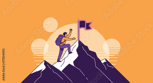 Illustration of a man with backpack climbing mountain to reach the flag on the peak