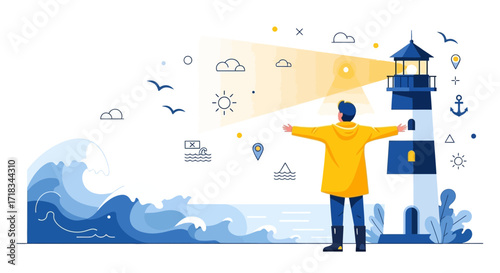 Illustration of a person with outstretched arms standing near a lighthouse and ocean waves a