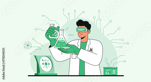 Illustration of a scientist conducting experiment in lab with modern technology background