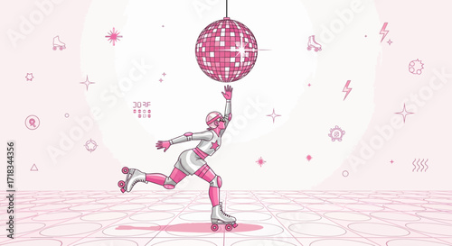 Illustration of a roller skater reaching for a disco ball against a retro inspired background