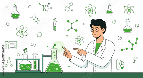Illustration of a scientist conducting experiments in a laboratory setting with chemical formulas