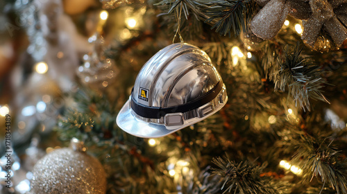 builders helmet hangs from a decorated Christmas tree, bathed in warm, twinkling lights.The scene blends construction gear with holiday cheer, suggesting work and celebration together.