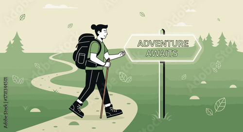 Illustration of a solo hiker embarking on an adventure path in a serene landscape