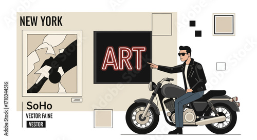 Illustration of a stylish man on a motorcycle at an art exhibition in New York SoHo representing