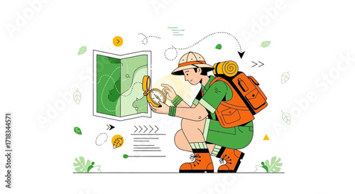 Illustration of a Young Man Scout Orienting Himself with Map and Compass for Wilderness Expedition
