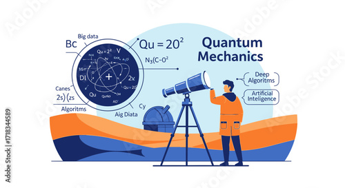 Illustration of quantum mechanics and artificial intelligence research concept