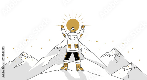 Illustration of climber celebrating success on mountain peak with shining sun above him