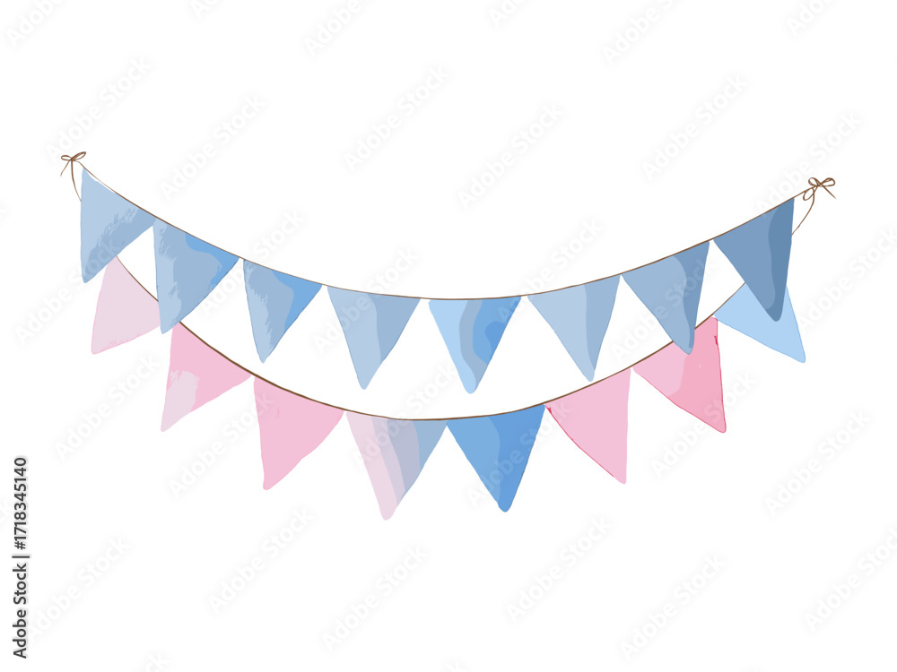 Fototapeta premium Hand-drawn watercolor illustration of festive banner with pastel pink and blue flags, elegant soft pastel palette, isolated on white background