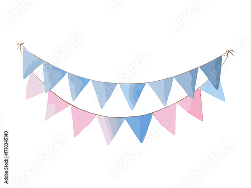 Hand-drawn watercolor illustration of festive banner with pastel pink and blue flags, elegant soft pastel palette, isolated on white background