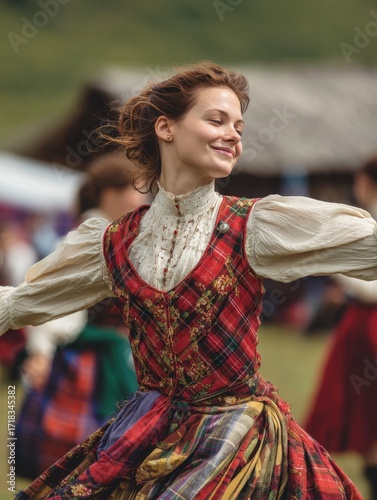Scotland Dance. Scottish Woman in Traditional Highland Costume Dancing