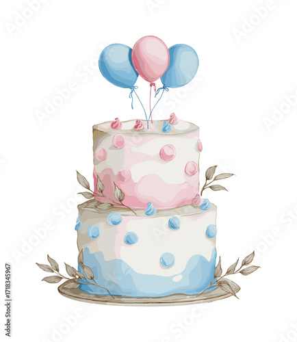 Hand-drawn watercolor illustration of gender reveal cake with pink and blue decorations, elegant romantic design, isolated on white background