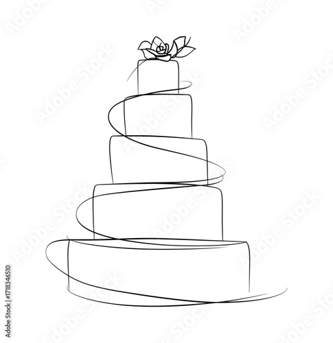 One continuous line drawing of wedding cake, elegant minimal black outline