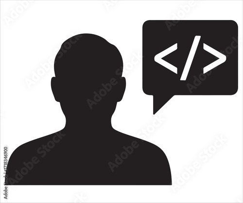 Silhouette of software developer with coding speech bubble isolated