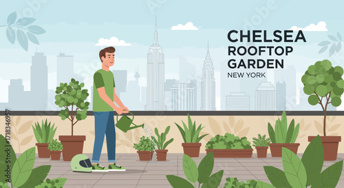 Illustrative scene of a Chelsea Rooftop Garden in New York with urban gardener tending plants