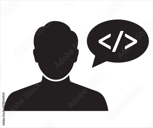 Silhouette of software developer person with speech bubble containing code symbol representing programming, coding, and technology isolated on white background