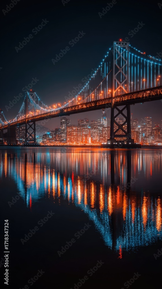 Fototapeta premium A captivating view of a magnificent illuminated bridge spanning a city at night, with striking reflections on the calm water.