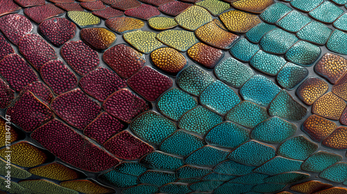 Colorful snake skin texture showcasing vibrant scales, intricate patterns, and natural gradients, highlighting exotic beauty, reptile design, and organic detail.