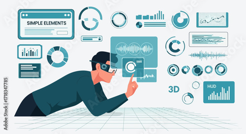 Man using augmented reality glasses interacting with virtual data and visualizations