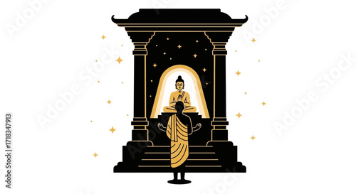 Meditating buddha statue with monk in temple with stars offering peace and tranquility serene