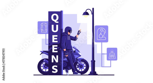 Modern depiction of a biker in Queens with iconic landmarks and street elements