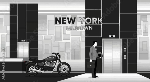 Monochrome illustration of a businessman and a motorcycle in front of a building in New York Midtown