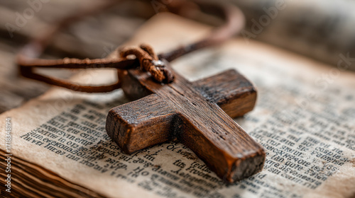 Wooden cross pendant resting on an open book, symbolizing faith and spirituality