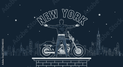 New York City skyline with a motorcyclist and a vintage motorcycle art illustration