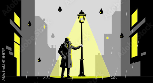 Noir themed rainy city street scene with a man in a trench coat and street lamp