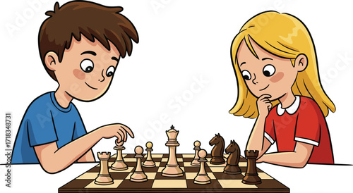 Cartoon children playing chess game, boy and girl sitting at table, fun indoor activity, kids learning strategy, educational board game