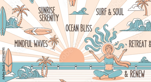 Ocean Retreat: A serene illustration blending yoga, surfing, and relaxation at the beach
